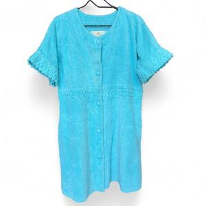 Vintage 80s/90s Stan Herman Aqua Blue Terry Cloth Robe Housecoat size L